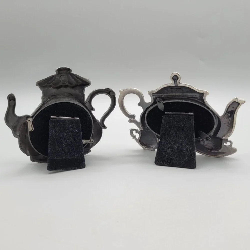Teapot Shaped Miniature Photo Frames Victorian Style Design Metal Set of 2